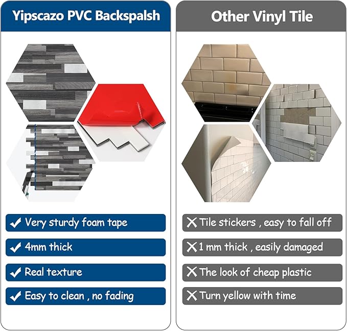 Yipscazo 10 Sheets Peel and Stick Stone Metal Backsplash, PVC Wall Tiles Stick on Tiles for Backsplash Kitchen, Bathroom, Fireplace (6'' X 12'', Black Wood)