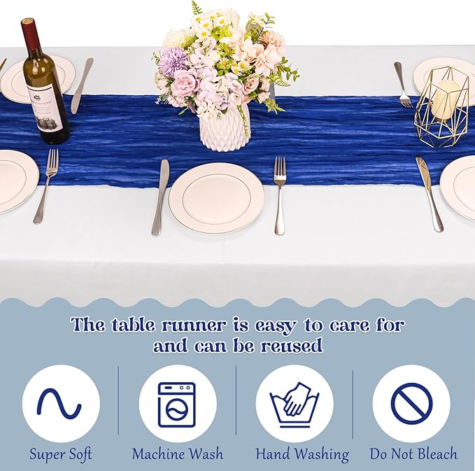 10 Pack Royal Blue Cheesecloth Table Runner 6FT Boho Gauze Fabric Table Runner Vintage Rustic Sheer Runners for Wedding Party Bridal Baby Shower Long Table Decorations