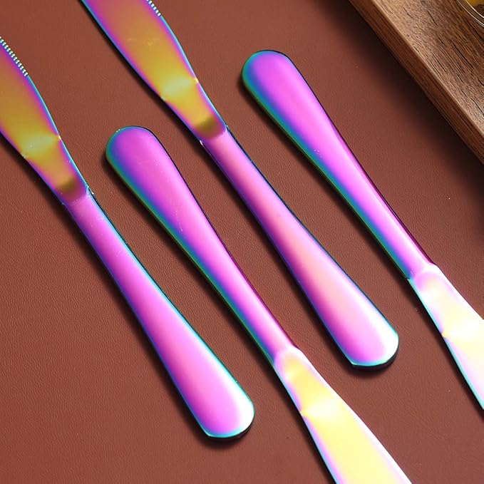 Berglander Rainbow Dinner Knives Set Of 4, Stainless Steel Titanium Plating Shiny Colorful Dinner Knife, Mutil Color Butter Knife Spreader Table Knives Sturdy And Dishwasher Safe