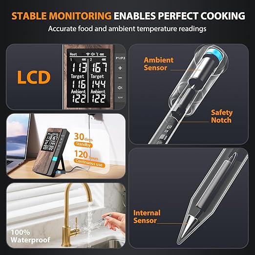 AI Smart Wireless Meat Thermometer, 10X Enhanced Signal and Stability, with 2 Probes High-Accuracy Sensors, Standalone Display Base, Instant Read LCD & App Control for Kitchen,BBQ,Oven,Grill,Air Fryer