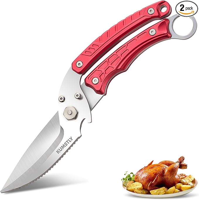 Kitchen Scissors All Purpose Kitchen Shears Heavy Duty for Cutting Chicken, Turkey, Meat, Bones, Vegetables Stainless Steel Spatchcock Shears Multipurpose Food Scissors (Red)
