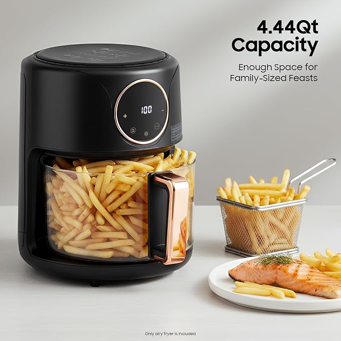 PERFERATE Glass Air Fryer 4.44Qt Capacity Glass Airfryer with 360° Transparent Viewable Fry Bowl, Precise Temperature(175°F - 400°F) & Time(60 Min) Control, 1200W Oil-Less Cooking (Black)