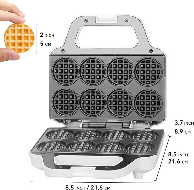 Mini Waffle Maker Machine, Tiny Waffle Bites Iron for Kids, Bake 8 x 2'' Tiny Waffle Bites, Small Waffle Maker, Compact & Easy Use, Non Stick Surface, Recipe Included, White