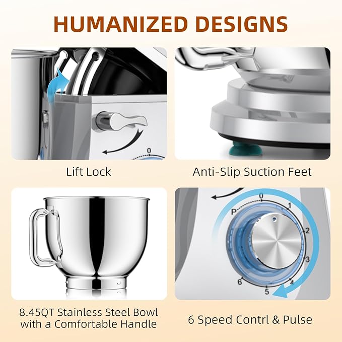 Babroun Dough Mixer 8.45 QT Electric Mixer - 660W 6 Speed Large Capacity Kitchen Stand Mixer with Whisk Dough Hook Mixing Beater Household Food Mixer for Baking Cakes Cookie Bread Salad