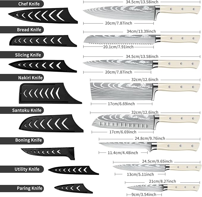 MDHAND Professional Chef Knife Set with Roll Bag, 9PCS Japanese Kitchen Knife Set with Sharpener, High Carbon Stainless Steel Kitchen Knives - Forged Triple Rivet, Dishwasher Safe, Chef Gifts, White
