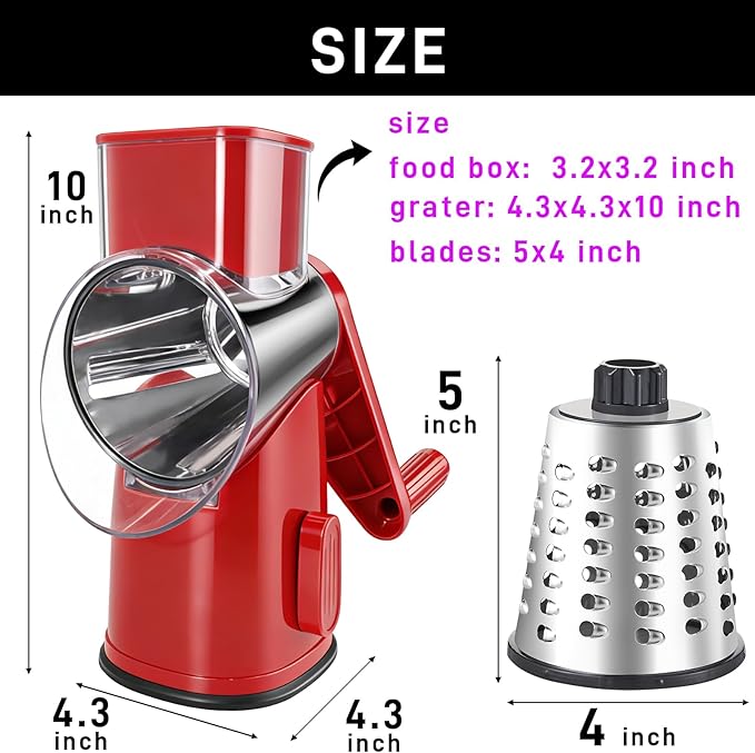 Rotary Cheese Grater with 3 Blades, Large Hand Crank Cheese Grater with Waffle Slicer, Black and White Cheese Slicer with Suction Base, Easier for Shredding& Grating (red, 3 Graters)