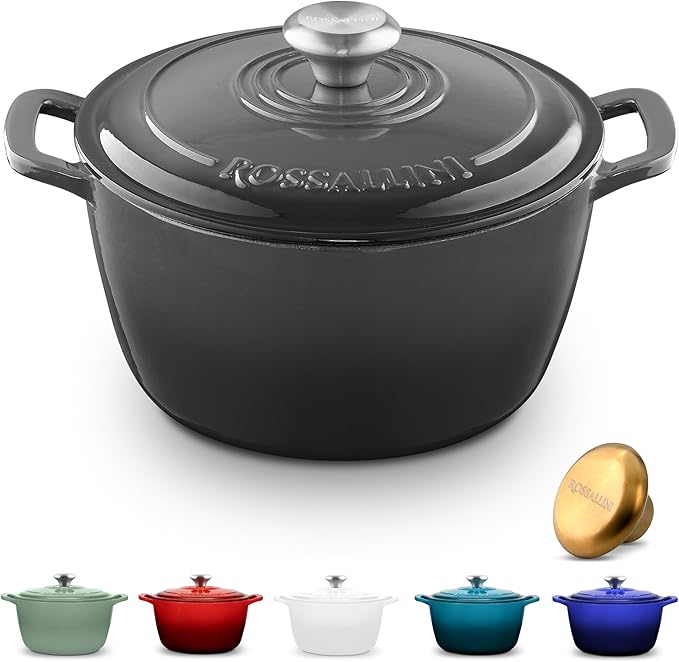 ROSSALLINI Signature Enameled Cast Iron Dutch Oven, Non-Stick Serving Pot with Tight Fitting Lid for Perfect Roasting, Baking, Sauteing, and Bread Making | 2Q (1.9L) - Oyster Grey