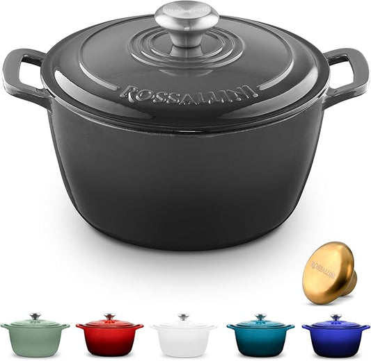 ROSSALLINI Signature Enameled Cast Iron Dutch Oven, Non-Stick Serving Pot with Tight Fitting Lid for Perfect Roasting, Baking, Sauteing, and Bread Making | 2Q (1.9L) - Oyster Grey