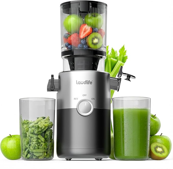 LAUDLIFE Cold Press Juicer Machines, 5.4" Wide Chute Slow Masticating Juicer, 35db Quiet Operation, Easy to Clean, Kale/Spinach Friendly, BPA Free, Juicer Extractor for Whole Fruits & Vegetables