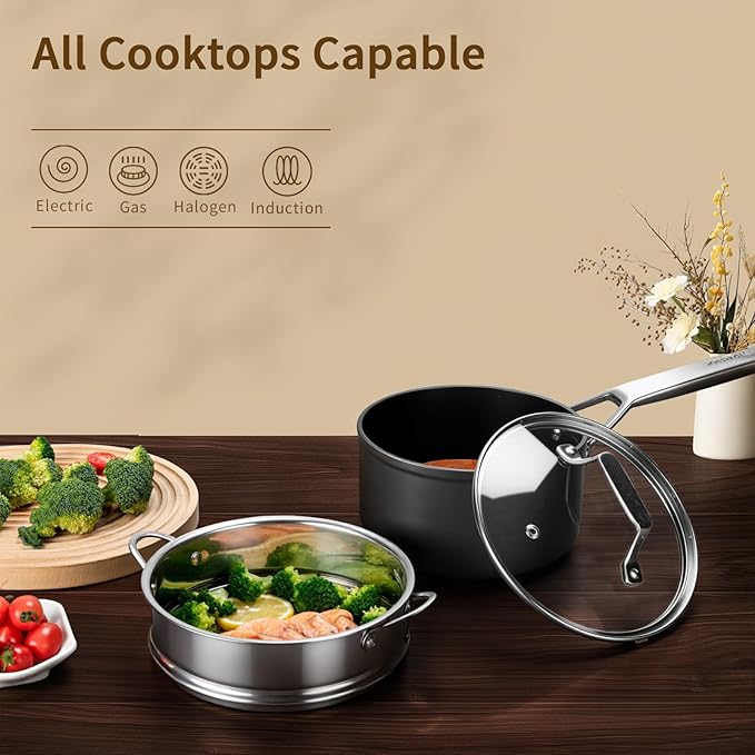 MSMK 2 Quart Saucepan with lid, Small Saucepan with Steamer Non stick, Induction, Scratch-resistant, Small Cooking Pot (2QT)