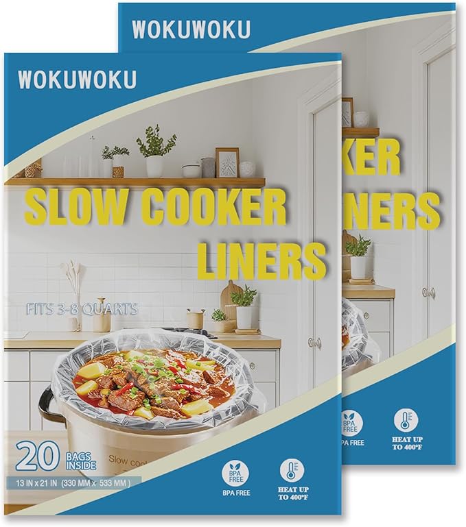 WOKUWOKU Slow Cooker Liners, 13“ x 21” 40 Cooking Bags, Large Disposable Pot Liners, Fits 3QT to 8QT Slow Cooker Cooking Plates, Multi-Purpose Liner Plastic Bags, BPA Free (2 Pack)