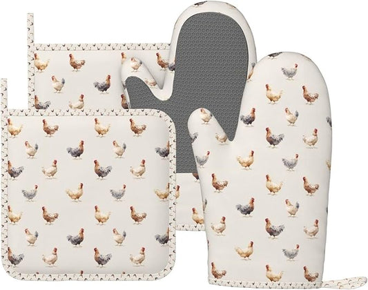 Oven Mitts and Pot Holders Chicken Pattern Silicone Kitchen Accessories Set of 4 Heat Resistant Long Gloves Potholder Non-Slip Grip for Chef Cooking Baking Grilling BBQ