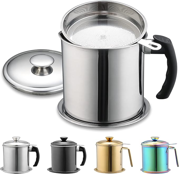 Berglander Bacon Grease Container With Strainer 47oz/1.4L, Stainless Steel Oil Storage Container with Fine Mesh Strainer Dust-proof for Storing Frying Oil and Cooking Fat, Cooker Accessories