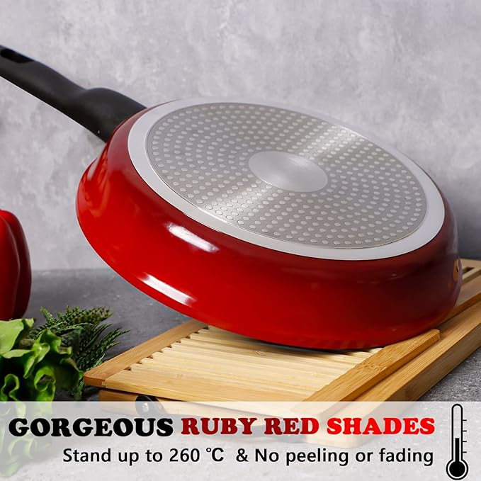 DIIG Nonstick Frying Pan Skillet with Silicone Lid, 11.5 Inch Oven Safe Chef Pan for Cooking Saute Omelet Sauce Pan Cast Aluminum Red Cookware with Stay Cool Handle, Induction All Stoves Compatible