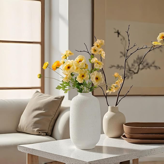 White Ceramic Flower Vase Home Decor - Large Tall Farmhouse Table Vases Rustic Living Room Kitchen Bedroom Decorations for House Book Shelf Office Coffee Desk，Hand-Made Textured Surface (10.8“ H)
