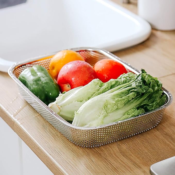 Cedilis 2 Pack Large Stainless Steel Colander Strainer, 6 Quart Mesh Vegetable Washing Basket, Rectangle Drainer Sink Basket for Vegetable Fruit Food (15" x 11" x 2.6")