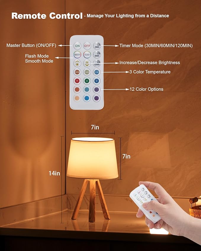 UMEXUS Cordless Table Lamp, Rechargeable Battery Powered, Timer & Dimmer & Remote Control & Color-Changing, Fabric White Shade, Small Tripod Lighting Patio Bedroom Living Room Home Office