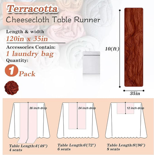 Terracotta Cheesecloth Table Runner 1 Pack 35" Boho Gauze 120 inches Long Runner Rustic Sheer Fabric Bulk for Baby Shower Wedding Bridal Birthday Party Table Decorations