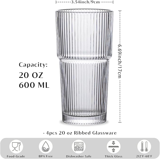 INSETLAN 20oz Ribbed Glass Tumbler Set of 8 – Large Capacity Drinking Glasses for Iced Coffee, Water, Juice, and Cocktails – Elegant Modern Glassware for Everyday Use and Special Occasions