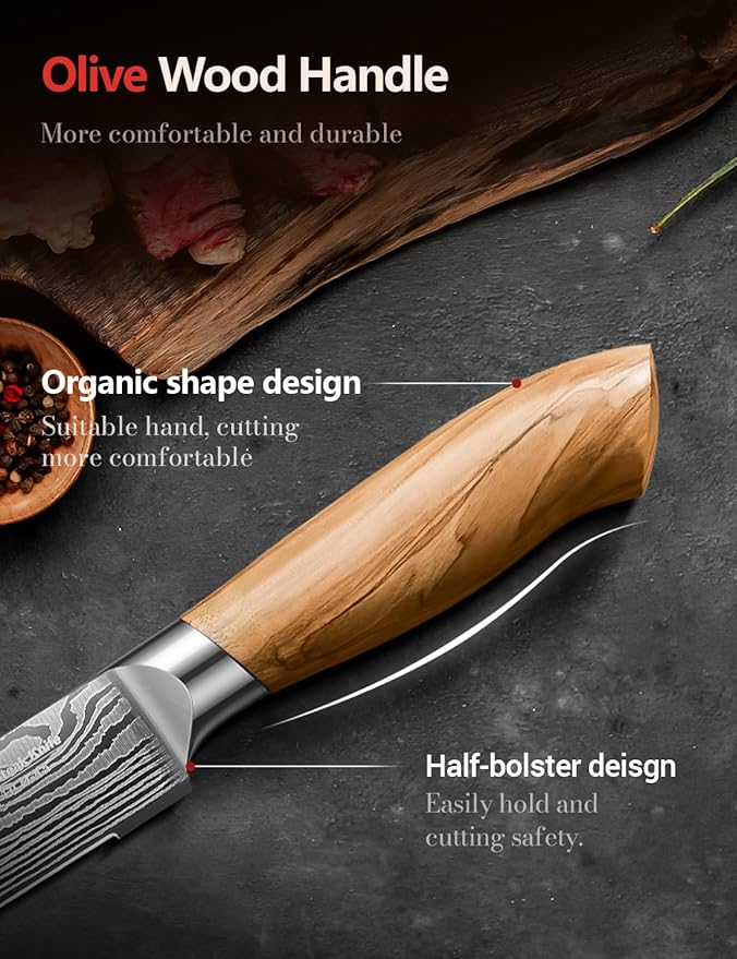 Emojoy Steak Knives Set of 6, 4.5 Inches Serrated Steak Knife Set, German Stainless Steel Kitchen Steak Knives with Original Olive Wood Handle and Wooden Gift Box