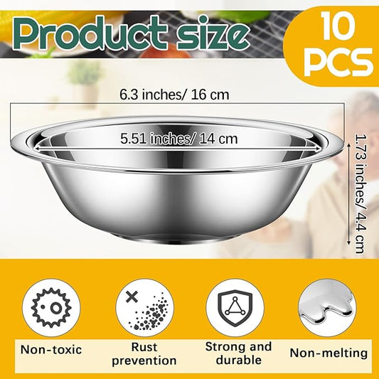 Tioncy 10 Pack Small Stainless Steel Mixing Bowls, 6.3 Inch Wide Nesting Prep Bowls Set with Flat Base for Sauces Serving Soup Snack Salad, 3/4 Quart Meal Cooking Baking, Reusable and Dishwasher Safe
