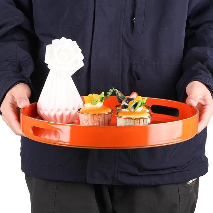 Sturdy Acrylic Serving Tray with Handles-13Inch, Morden Plastic Round Serving Tray for Coffee Table Bathroom, Ottoman, Home Decor (Round - Pink) (Orange, 13" x 13" x 1.4")