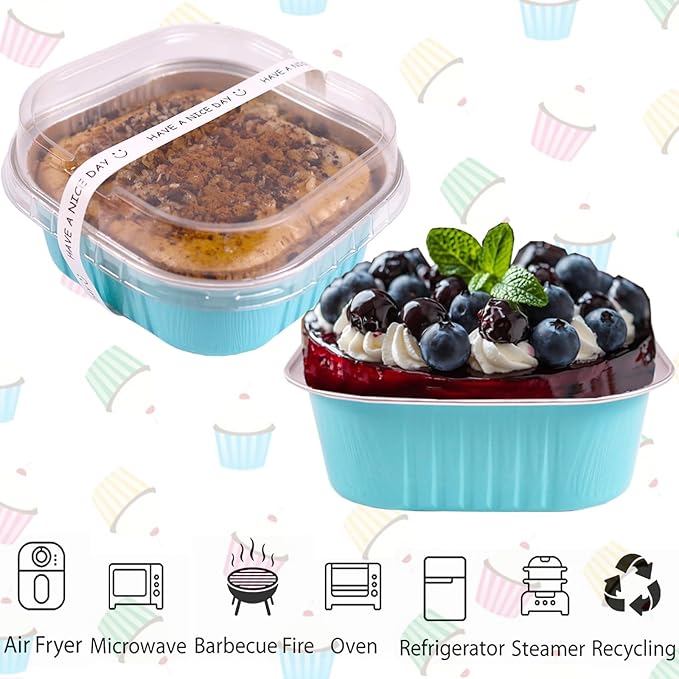 BZIDII 10oz Mini Cake Pans With Lids 50 Pack Aluminum Foil Square Brownie Baking Cups,4”x4” Disposable Loaf Pans With Lids and Spoons Stickers,Large Cupcake Pans Muffin Cake Tins Cake Container(Blue)