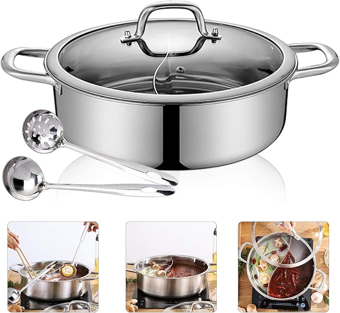 Double-flavor Shabu Shabu Pot with Divider and Lid, Dual Sided Nonstick Hot Pot, 32cm/12.6in Stainless Steel Shabu Shabu Pot, for Induction Cooktop, Gas Stove & Hot Burner, Soup Ladle Included