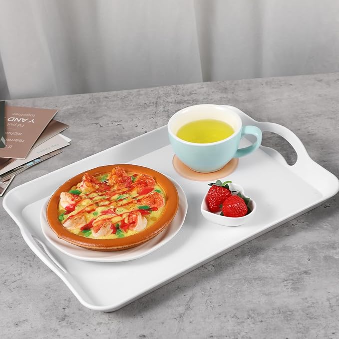 2 Pack Melamine Serving Trays with Handles, Large White Rectangular Serving Platter, Unbreakable, Suitable for Salad, Meat, Fruit Dessert, Cupcakes, Dishwasher Safe, 16.5×11×1.26 Inches