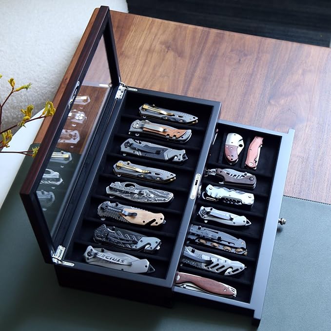 Bonaking Knife Display Case Two-Tier Pocket Knife Case Box Storage for 15-17 Pocket Knives Pocket Knife Collection Case Organizer for Men Gift (Ebony veneer 17 slot)