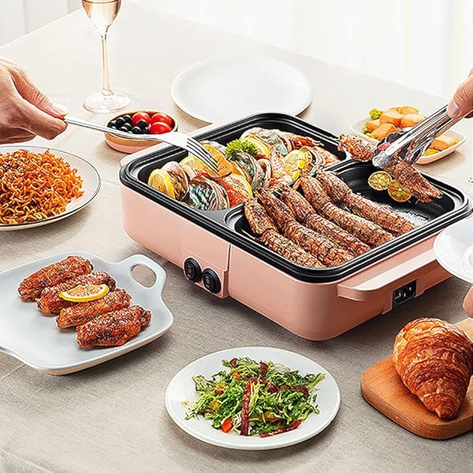 Hot Pot with Grill,2 in 1 Indoor Non-Stick Electric Hot Pot and Frying Pan,Independent Temperature Control,Portable Smokeless Korean BBQ Grill for Indoor Outdoor Party, 11.4 x 8.7 x 4.3