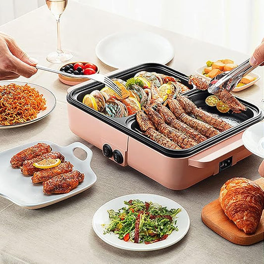 Hot Pot with Grill,2 in 1 Indoor Non-Stick Electric Hot Pot and Frying Pan,Independent Temperature Control,Portable Smokeless Korean BBQ Grill for Indoor Outdoor Party, 11.4 x 8.7 x 4.3