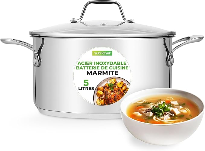 NutriChef 6-Quart Stainless Steel Stockpot – 18/8 Food Grade Heavy-Duty Induction-Compatible Pot with See-Through Lid, Ideal for Stews, Broths, Simmering & Soups, Dishwasher Safe – NCSP6