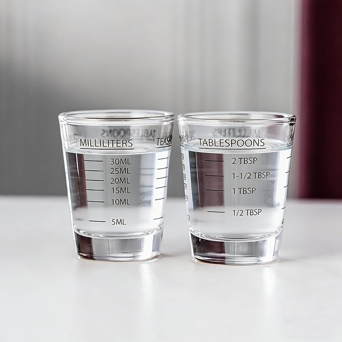 2-Pack Heavy Glass Measuring Shot Cups, Thick Base Liquid Measuring Glass for Coffee, Non-Fading 4-Measurement Espresso Jigger with Incrementa