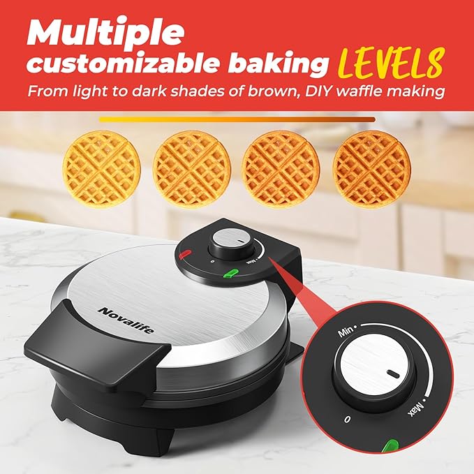 Waffle Maker, 7“ Round Classic Belgian Waffle Iron, Adjustable Browning Control, Easy-Clean Nonstick Plates & Cool Touch Handle, Space Saving Storage, Stainless Steel