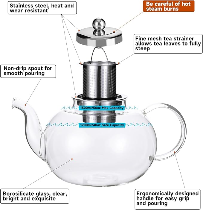 50OZ/1500ML Glass Teapot Set with 4 Double Wall Teacups & Removable Infuser, Stovetop & Microwave Safe Clear Tea Maker Water Kettle with 7OZ/200ML Tea Cups for Loose Leaf Blooming Tea