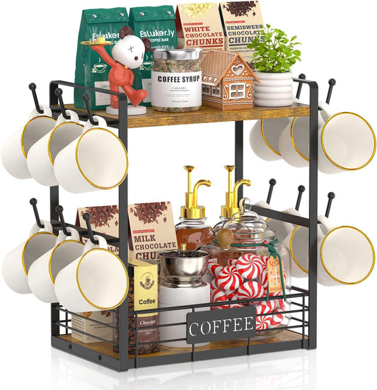 EsLuker.ly Coffee Mug Cup Holder Tree Bar Station Organizer, 2 Tier Mug Stand Rack for Countertop Kitchen, Storage Tower Display Shelf with 12 Hooks, Coffee Nook Enhancer, Vintage Brown Black