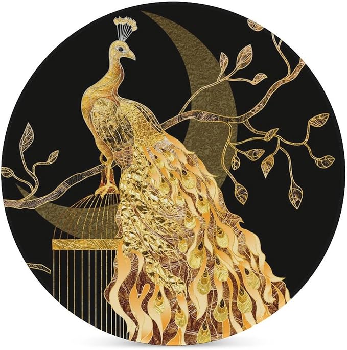 Round-6PCS Peacock Ceramic Coasters, Round Absorbent Drink Coasters, Vintage Tree Branch Beautiful Gold Peacock Ceramic Table Coasters for Coffee, Beverage, Wine, Beer Coasters