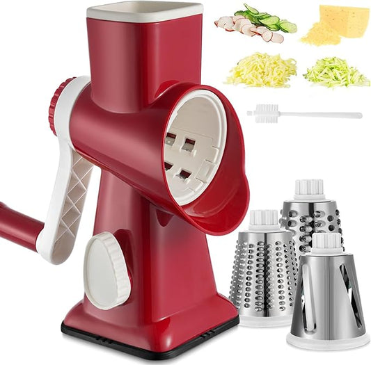 Cheese Grater Hand Crank Rotary Vegetables Shredder with Handle, 3-in-1 Graters with Interchangeable Blades and Non-slip Base Multifunctional Slicer for Kitchen
