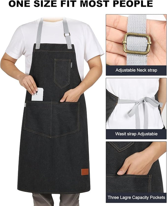 Womens Apron with Pockets Adjustable Shoulder Strap,Aprons for Men 38.5" Extra-Long Straps Fit More Body Types,Chef Apron for Kitchen Garden Barbecue Woodworking(Black)