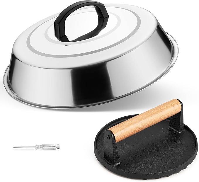 Leonyo Melting Dome & Cast Iron Grill Press, 12" Basting Cover with Round Bacon Press, Burger Smasher for Griddle, Food Steamer Lid Smash Burger Kit for Flat Top Grill Cooking Cheese, Meat