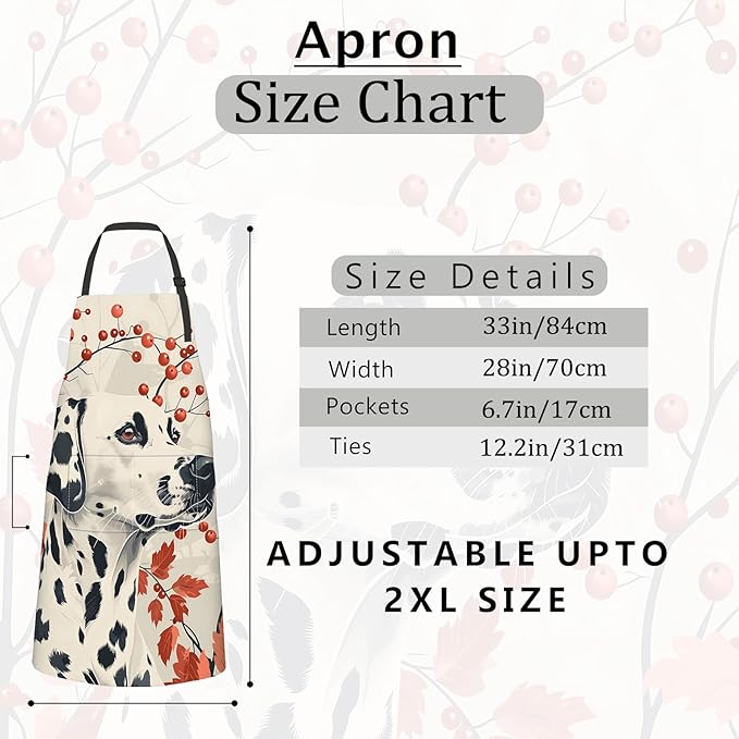 Dalmatian Apron Elegant Autumn Dog with Red Leaves and Berries Aprons Waterproof Oxford Polyester Adjustable Pockets Design for Cooking, Crafting Decor,Gifts for Pet Art Fans, 28x33 Inch