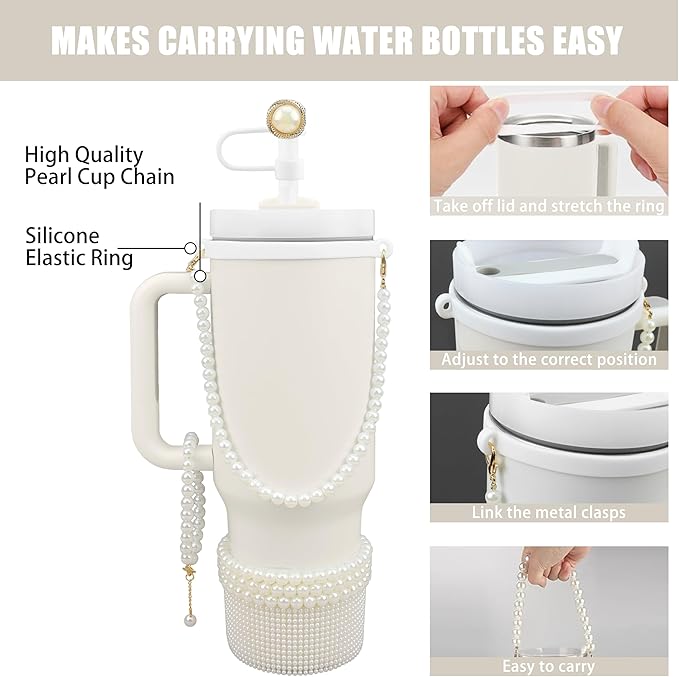 Cup Accessories for Stanley 30/40oz Tumbler containing Pearl Straw Cover Topper, Silicone Cup Boot, Water Bottle Handle Strap& Pearl Bracelets Charms(White Pearls)