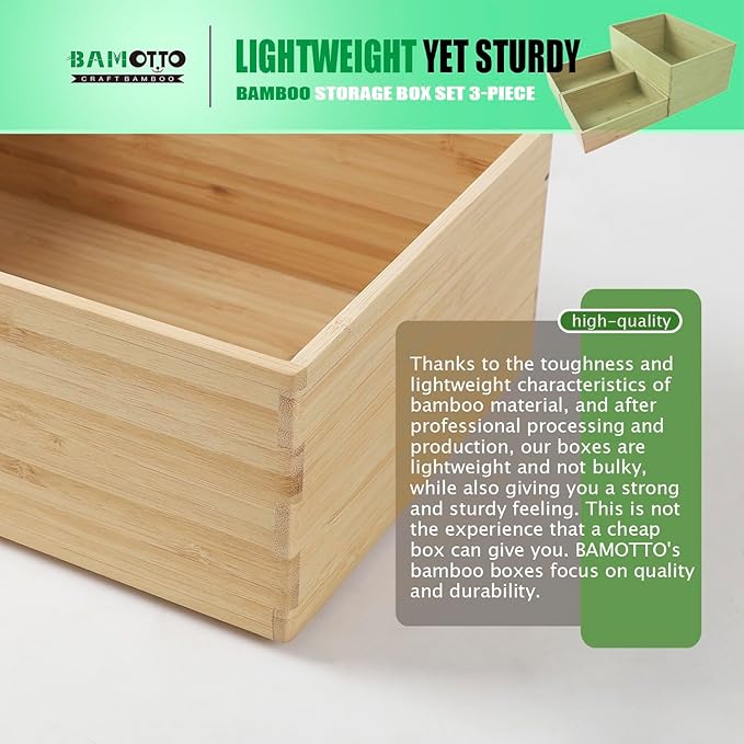 3-Piece Large Bamboo Storage Box Set - 7.1in High Stackable Deep-Drawer Organizer, Lidless Bamboo Bin for Kitchen Cutlery Utensils Knives (14.6"x10.2"x7.1"*1 + 10.2"x7.3"x3"*2)