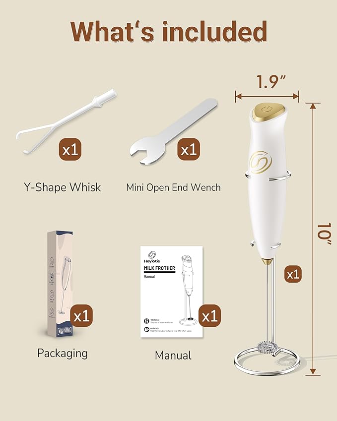 HeyLotie Milk Frother With Stand Handheld Frother Wand Drink Mixer Handheld Coffee Stirrers Electric Frother for Coffee Mixer Wand with 2 Whisk frother for protein powder-White/Gold