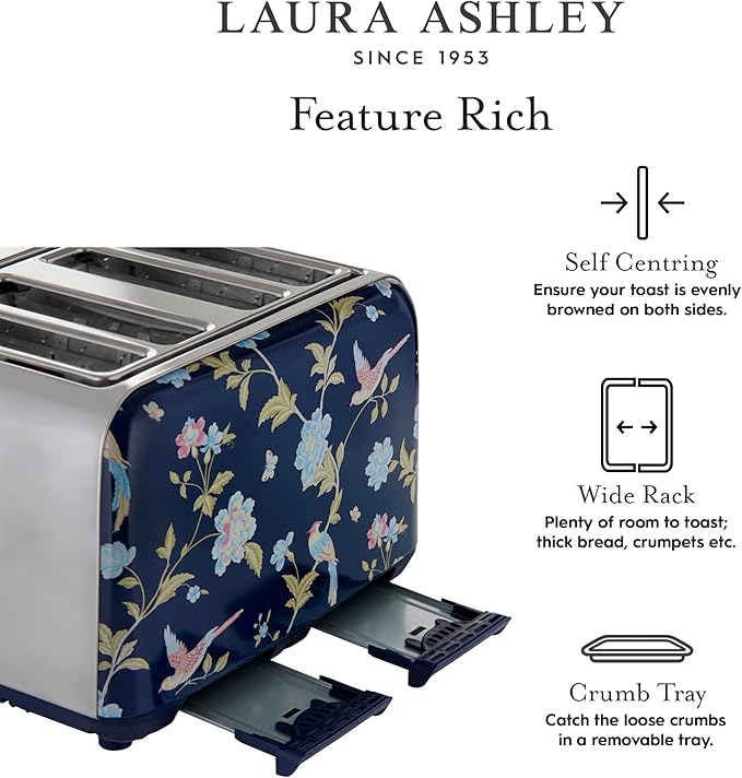VQ Laura Ashley Elveden Navy Stainless Steel 4 Slice Toaster | Multi-Functional Bagels & Bread Toaster 4 Slice with Adjustable Heating & Defrost Mode | Featuring 4 Wide Slots, Croissant Warming Rack