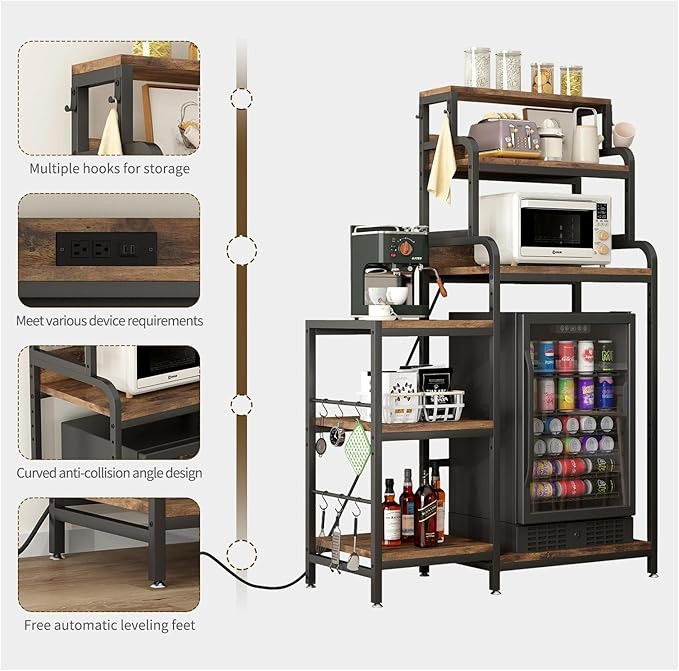 Bakers Rack with 7-Tier Mini Adjustable Shelves and Power Outlet, Heavy-Duty Metal Frame Kitchen Shelf Organizer, Mini Fridge & Microwave Stand for Kitchen, Dorm, Living Room, Walnut Brown