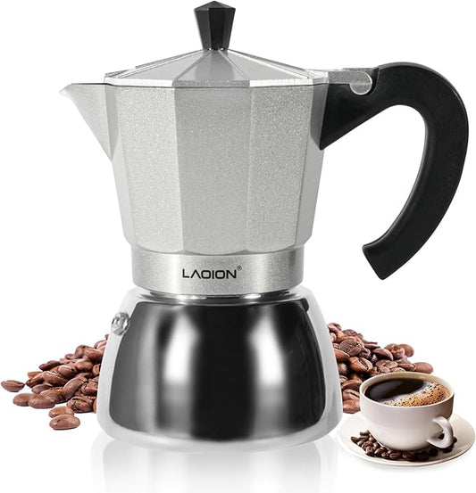 LAOION Stovetop Espresso Maker, 6Cup Moka Pot, Espresso Machine Compatible with Induction Cooktops, 300ml Stainless Steel & Aluminum Cuban Coffee Maker for Cafetera Cubana, Silver