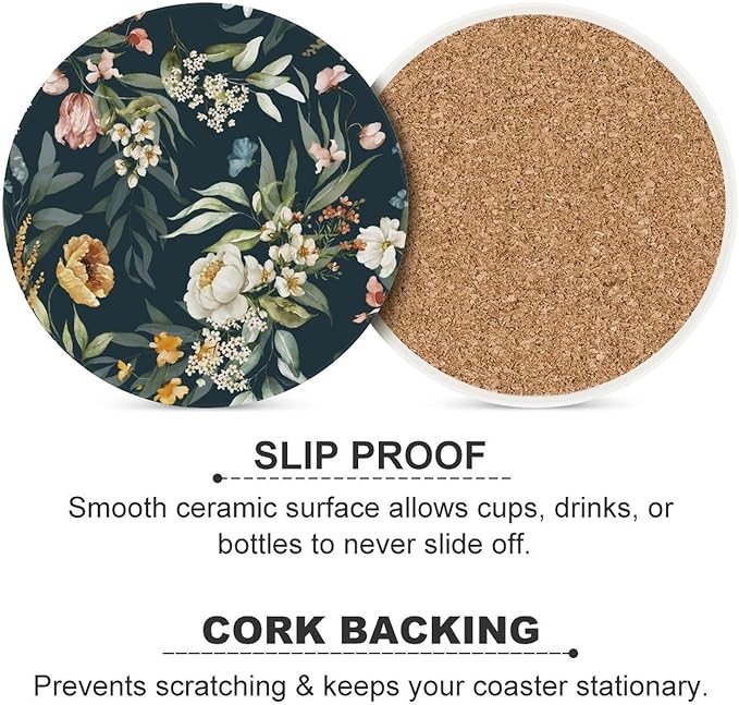 Round-4PCS Floral Ceramic Coasters, Round Absorbent Drink Coasters, Watercolour Leaf Flower Herb Nature Plant Floral Ceramic Table Coasters for Coffee, Beverage, Wine, Beer Coasters