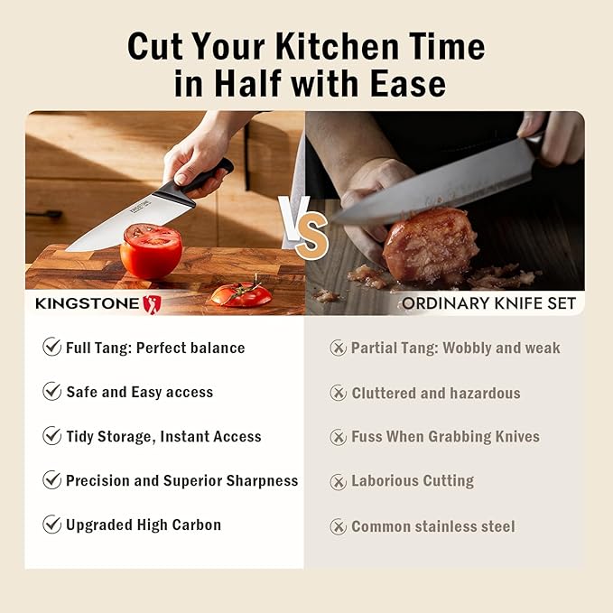 KINGSTONE 14-Piece Knife Block Set, Precision-Honed High-Carbon Stainless Steel Knives with Long-Lasting Sharpness, Ergonomic Balanced Handles for Home & Serious Cooks, Natural